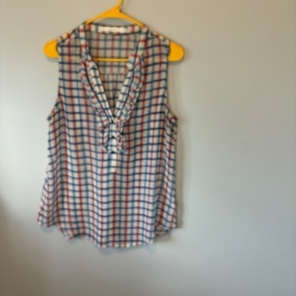 Fun 2 Fun, Women's Sleeveless, Sheer, White, red & Blue, Ruffle Top, SZ L - Picture 7 of 8